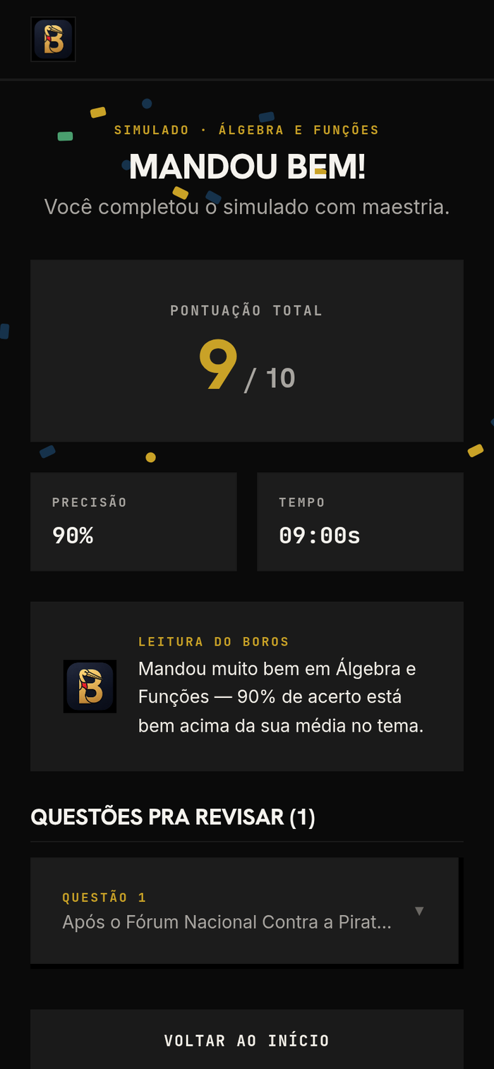 Tela de resultado do simulado no Boros, com pontuação e leitura do mascote